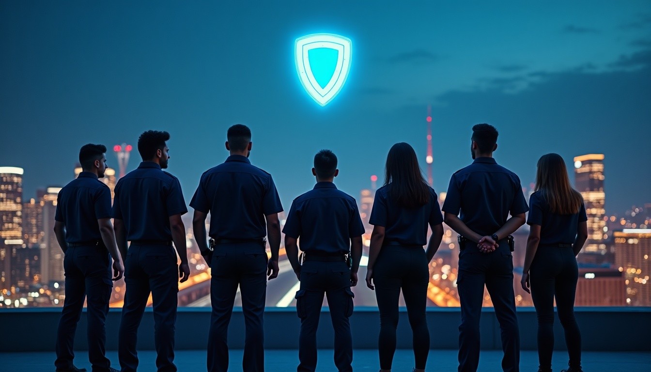 Tech Services team overlooking a city skyline at dusk